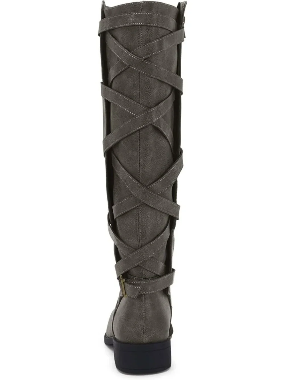 Women's Light Grey Faux Leather Strappy Motorcycle Lace Up Low Heel High Boots